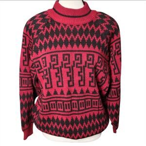 80s Vtg PASTA Womens M Art Deco Mockneck Red Black Tribal Sweater